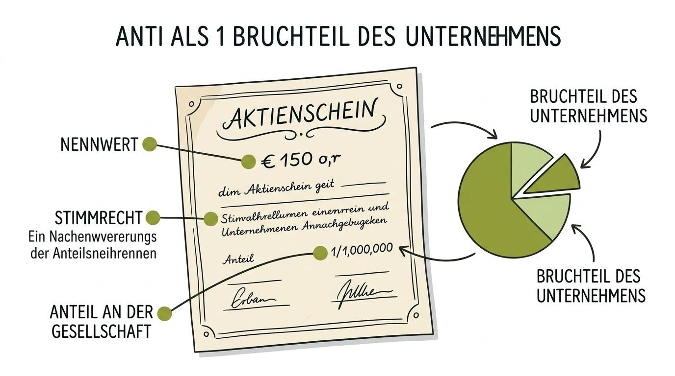 Illustration eines Unternehmensanteils mit Hinweisen auf Nennwert und Stimmrecht