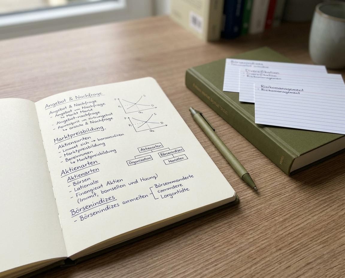 Aufgeschlagenes Lernheft mit handschriftlichen Notizen zu Börsengrundlagen auf einem hellen Schreibtisch